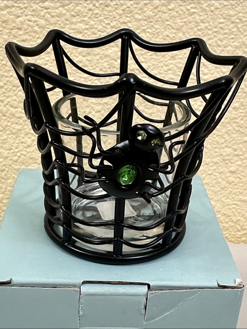 Black Spider Web Votive Candle Holder with Green Accent - Black and Green